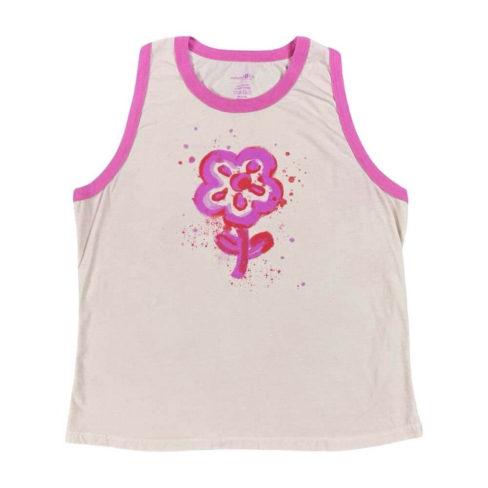 Natural Life Women’s XL Cream Tank Top Pink Trim Flower Graphic Sleeveless Top